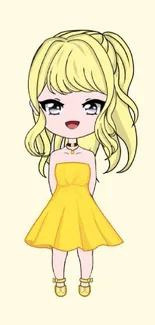 Cute anime girl in yellow dress on a light background.