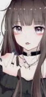 Anime girl with long hair and choker, wearing black outfit.