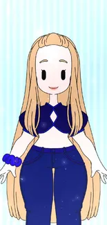 Anime girl with long blonde hair and blue outfit on a striped background.