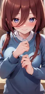 Charming anime girl with brown hair and blue eyes in a blue sweater.