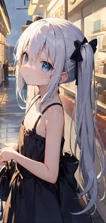 Anime girl with silver hair and blue eyes on a rainy street at night.