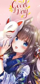 Anime girl holding a white fox mask with a pink background.