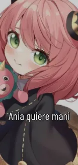 Anime girl with pink hair holding a cute plush toy.