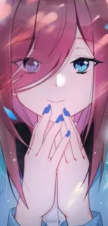 Anime girl with pink hair and blue eyes in vibrant colors.