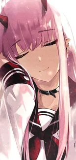 Anime girl with pink hair and a serene expression in school uniform.