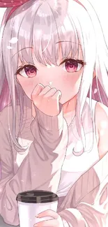 Anime girl with white hair and pink highlights holding a cup.