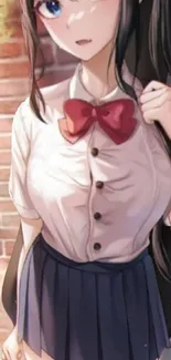 Anime girl in school uniform with red bow and white shirt against a brick wall.