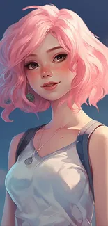 Anime girl with pink hair in soft digital art style, serene sky background.