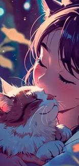 Anime girl lovingly hugs a fluffy cat.