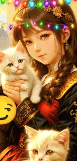 Anime girl with kittens and festive lights in medieval setting.