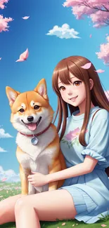 Anime girl with a puppy in cherry blossoms.