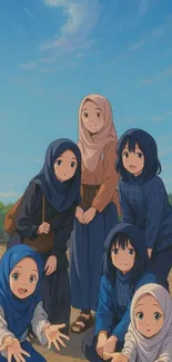 Anime group of girls under a blue sky.