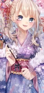 Anime girl in purple kimono with floral background.