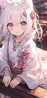 Anime girl in a floral kimono with pink accents, set in a serene environment.