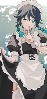 Anime maid with playful pose in black and white attire on cyan background.