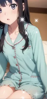 Anime girl in turquoise pajamas with sparkling stars on a bed.