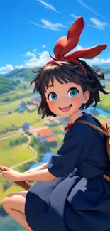 Anime girl flying over scenic landscape with clear blue sky.