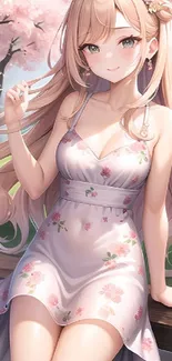 Anime girl in floral dress under cherry blossoms.