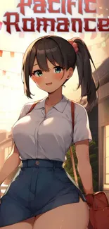 Anime girl in urban street setting, vibrant design.