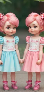 Anime twin girls with pink hair in dresses hold hands in garden.