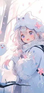 Anime winter scene with a cute character and spirits.