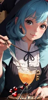 Anime witch with blue hair crafting a magical drink.