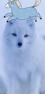 Arctic fox with cartoon overlay on light blue background.