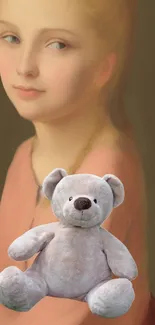 Girl's portrait with teddy bear on taupe background.