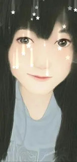 Artistic portrait of a young girl with long dark hair on a mobile wallpaper.