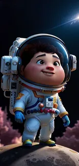 Charming child astronaut exploring a vibrant alien planet in space.