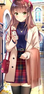 Anime girl in autumn street, holding phone, vibrant colors