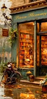 Cozy autumn bookstore street scene with warm lights and vintage charm.
