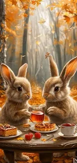 Two rabbits having tea in an autumn forest.