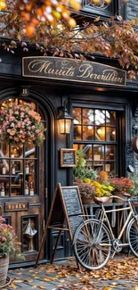 Charming vintage coffee shop with autumn decor and bicycle.
