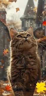 Fluffy cat with autumn leaves in a cozy outdoor scene.