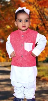 Child in autumn attire with vibrant fall background