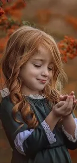 Red-haired child in autumn setting with leaves.