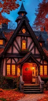 Charming cottage surrounded by bright autumn leaves.
