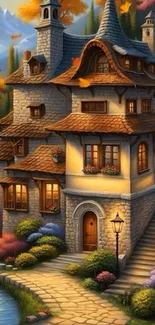 Charming cottage with autumn trees and a scenic path.