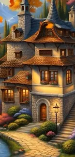 Charming cottage surrounded by vibrant autumn foliage.