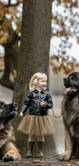 Little girl with two large dogs under autumn trees.