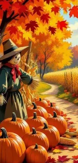 Autumn scene with scarecrow and pumpkins on a vibrant path.