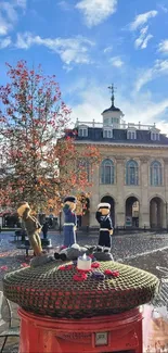 Picturesque autumn town square with historic architecture and vibrant foliage.