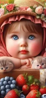 Cute baby and kittens with floral hat.