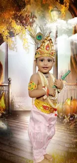 Baby in a festive costume on an autumn-themed background wallpaper.