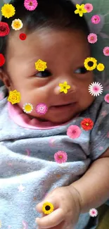 Adorable baby in grey outfit with a happy smile, resting on a floral pillow.