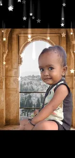 Child sitting in an ornate historic archway with a scenic view.