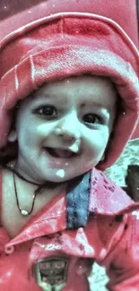 Smiling baby in a bright red outfit with hat, emanating joy.