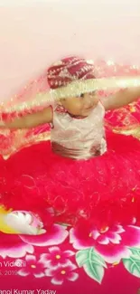 Adorable baby in a vibrant red dress with floral decorations.