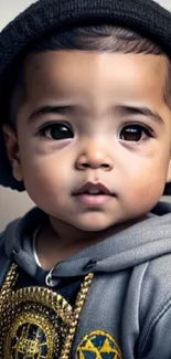 Cute baby in a trendy hoodie and hat poses in an urban setting.